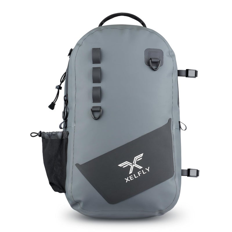 Xelfly - Waterproof Fishing Backpack with Rod Holder, Inflatable Air Valve, Padded Waist Straps & Gear Loops - Submersible Zipper, Rugged Top Handle, Adjustable Attachments (Gray) - Image 1
