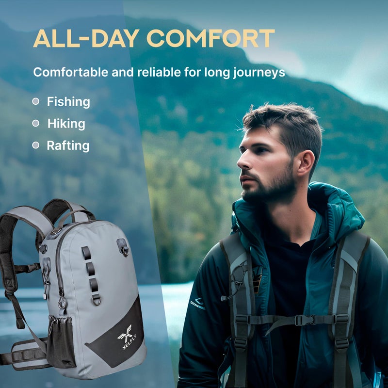 Xelfly - Waterproof Fishing Backpack with Rod Holder, Inflatable Air Valve, Padded Waist Straps & Gear Loops - Submersible Zipper, Rugged Top Handle, Adjustable Attachments (Gray) - Image 4