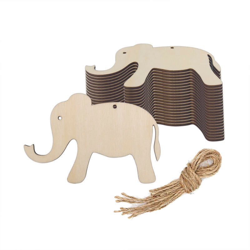 20pcs Elephant Wood DIY Crafts Cutouts Wooden Elephant Shaped Hanging Ornaments with Hole Hemp Ropes Wood Tags for Baby Shower Wedding Birthday Party Decorations