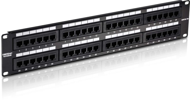 Trendnet 48-Port Cat5/5e Unshielded Patch Panel, TC-P48C5E, 2U 19 inch Rackmount Design or Wall Mount, Cable Management, NDAA Compliant, 48 x Gigabit RJ-45 Ports - Image 1