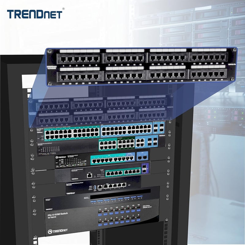Trendnet 48-Port Cat5/5e Unshielded Patch Panel, TC-P48C5E, 2U 19 inch Rackmount Design or Wall Mount, Cable Management, NDAA Compliant, 48 x Gigabit RJ-45 Ports - Image 3