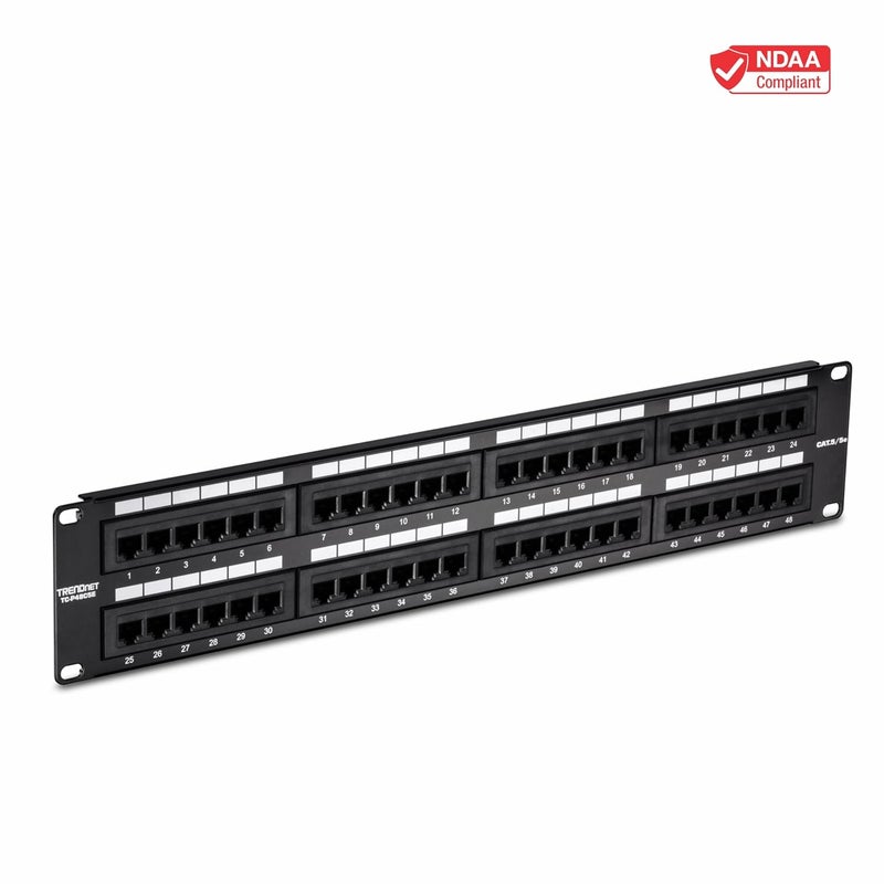 Trendnet 48-Port Cat5/5e Unshielded Patch Panel, TC-P48C5E, 2U 19 inch Rackmount Design or Wall Mount, Cable Management, NDAA Compliant, 48 x Gigabit RJ-45 Ports - Image 4