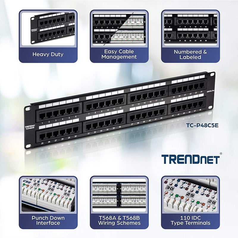 Trendnet 48-Port Cat5/5e Unshielded Patch Panel, TC-P48C5E, 2U 19 inch Rackmount Design or Wall Mount, Cable Management, NDAA Compliant, 48 x Gigabit RJ-45 Ports - Image 2
