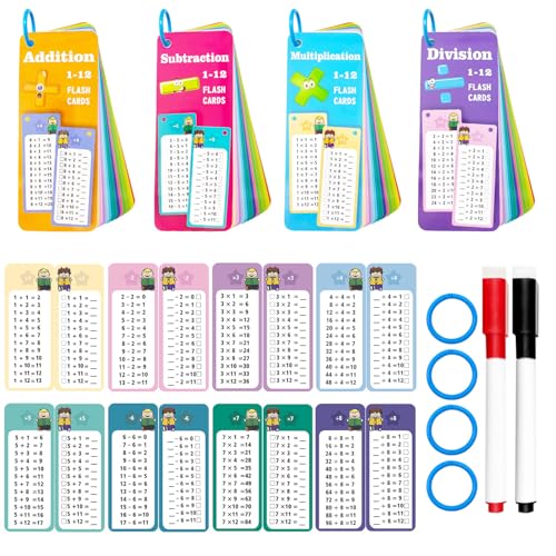 Anemeeoke 60Pack Multi Math Flash Cards Addition Subtraction Multiplication Division Flashcard with 2 Dry Erase Markers 4 Rings Educational Times Table Flashcards for Classroom Home - Image 1