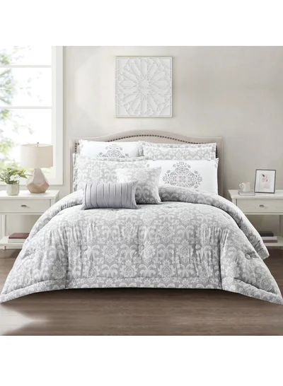 Donetella Bedding Comforter Set 8-Pcs King Size Solid Yarn Dyed Bed Set Fits 200 x 200 Cm All Season 350GSM Feather Silk Fill,Grey