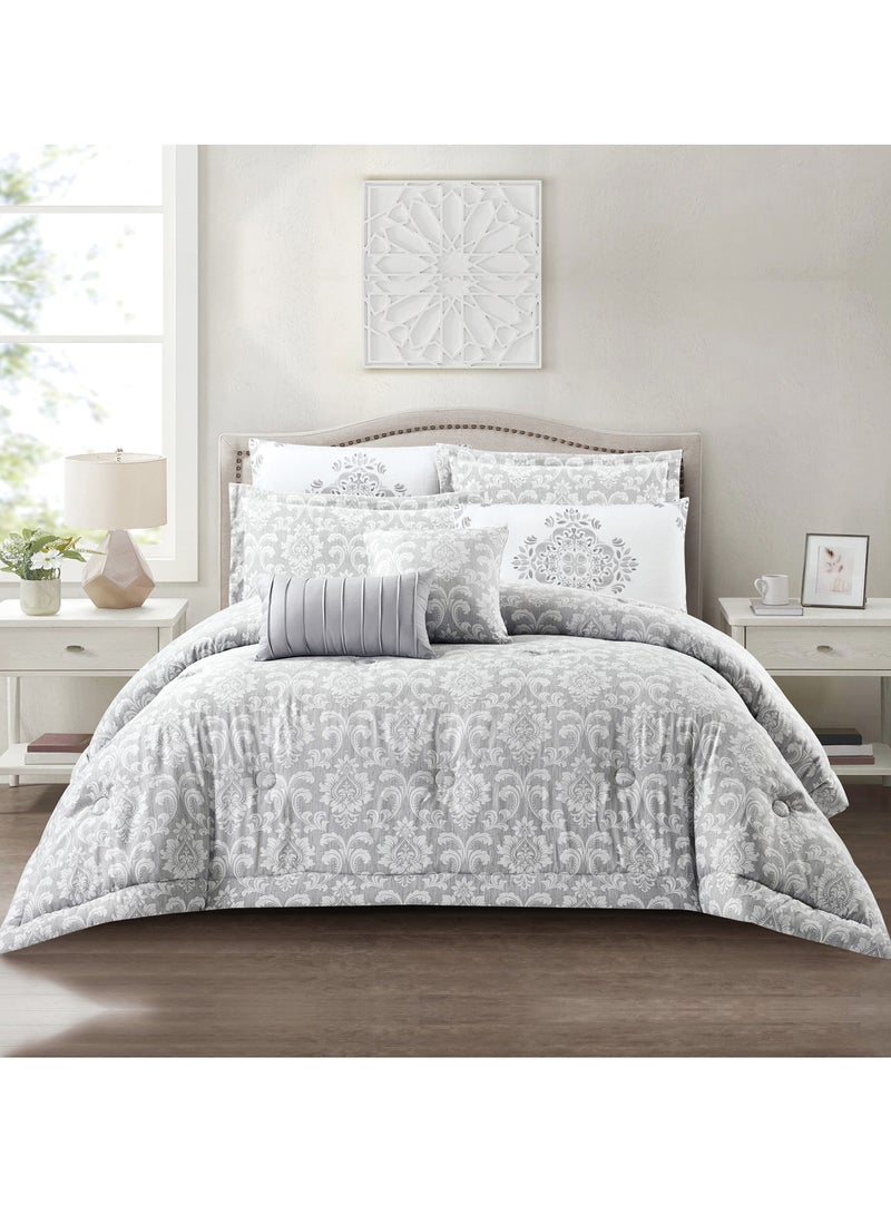 Bedding Comforter Set 8-Pcs King Size Solid Yarn Dyed Bed Set Fits 200 x 200 Cm All Season 350GSM Feather Silk Fill,Grey