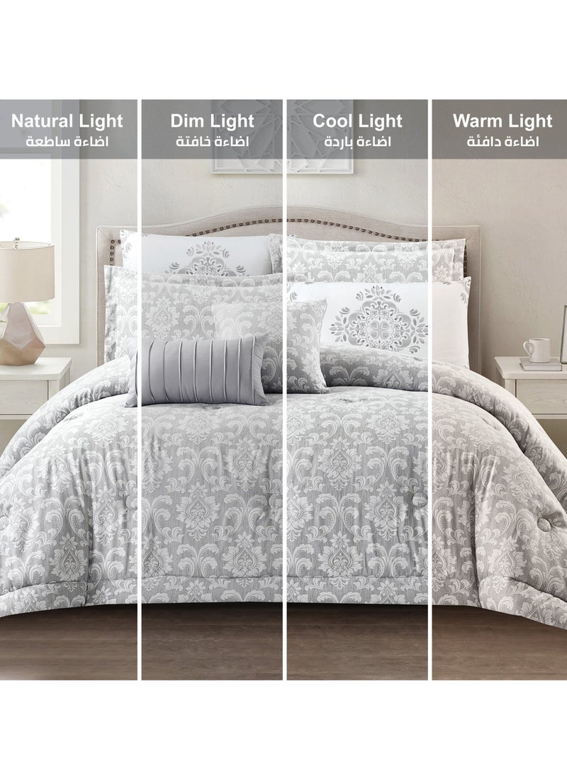 Bedding Comforter Set 8-Pcs King Size Solid Yarn Dyed Bed Set Fits 200 x 200 Cm All Season 350GSM Feather Silk Fill,Grey