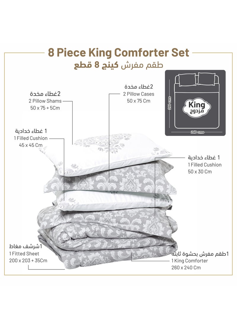 Bedding Comforter Set 8-Pcs King Size Solid Yarn Dyed Bed Set Fits 200 x 200 Cm All Season 350GSM Feather Silk Fill,Grey