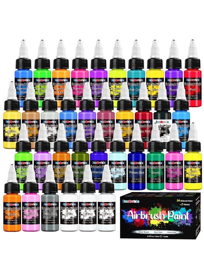 FansArriche Airbrush Paint Set 34 Colors Acrylic Air Brush Paint Kit With 2 Thinner Ready To Spray Water Based Opaque & Neon Colors For Beginners Artists Diy Projects 20 Ml/Bottle - Image 1