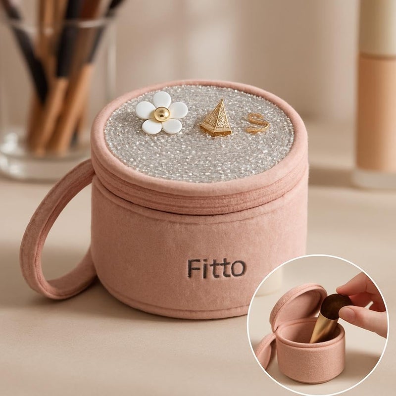 Fitto Small Round Wool Makeup Bag with Handle - Pink Portable Makeup Organizer for Travel and Everyday Use - Image 3