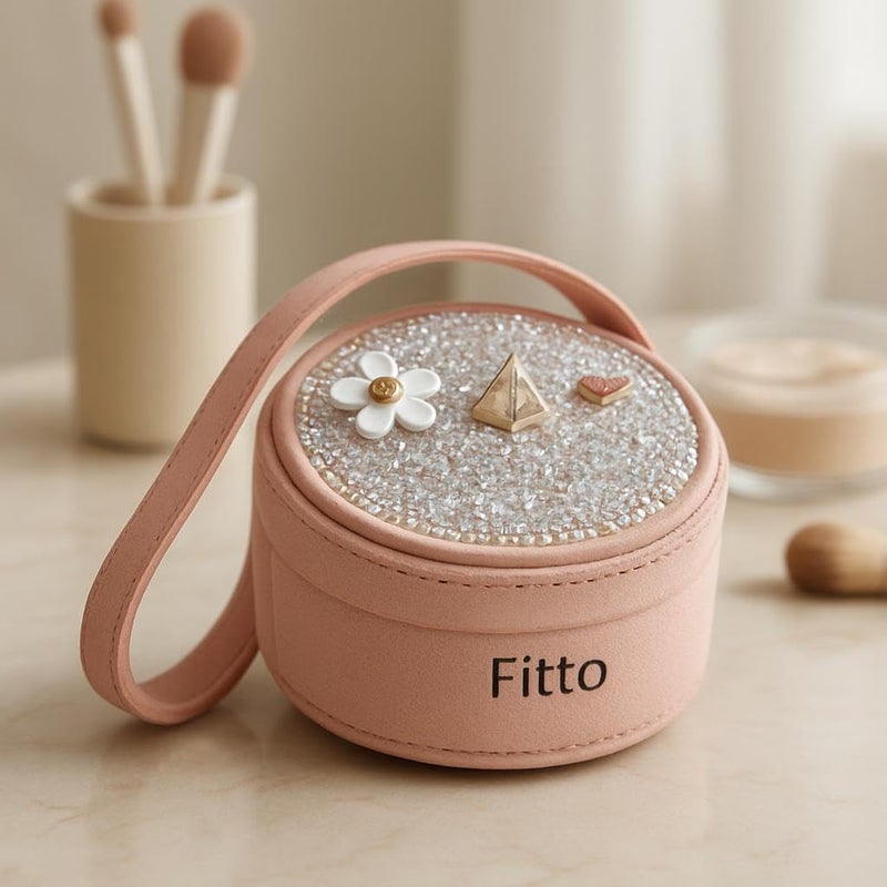 Fitto Small Round Wool Makeup Bag with Handle - Pink Portable Makeup Organizer for Travel and Everyday Use - Image 2