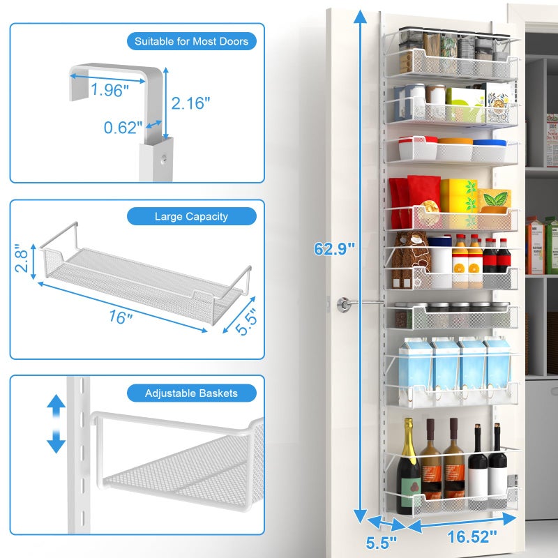 VyGrow Over the Door Pantry Organizer, 8-Tier Over the Door Organizer with Adjustable Basket, Pantry Door Organization for Pantry Kitchen Storage Room Spice Rack, White - Image 3