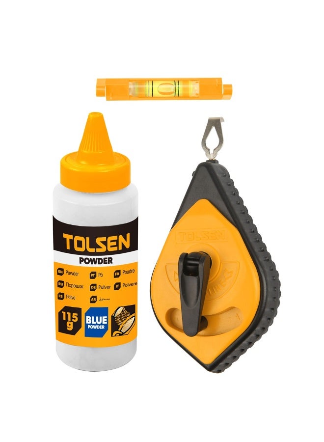 Tolsen 42013 Chalk Line Reel Set 30m – 3X Fast Rewind with Spirit Level & 115g Blue Chalk Powder - Image 1