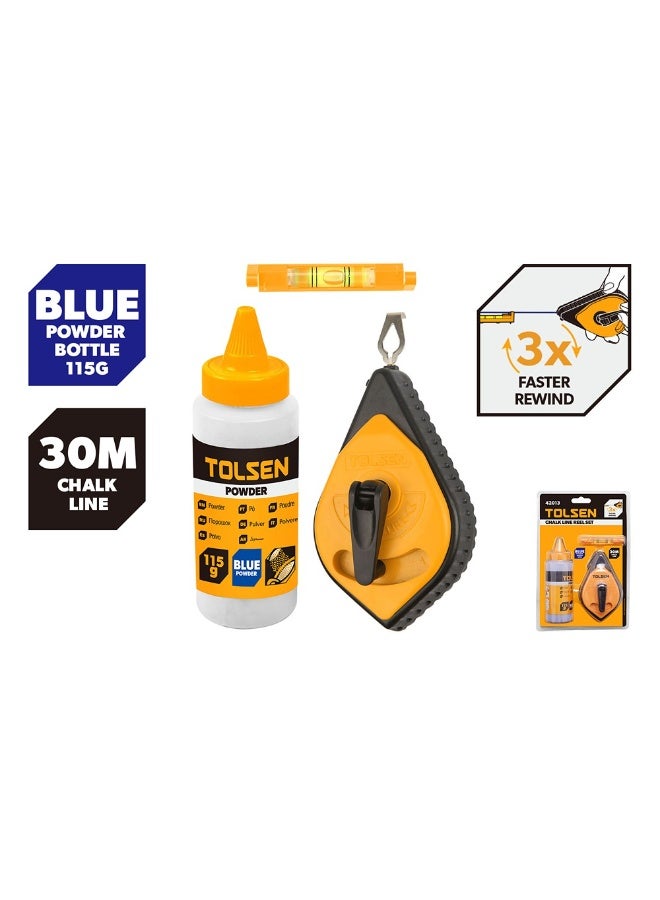 Tolsen 42013 Chalk Line Reel Set 30m – 3X Fast Rewind with Spirit Level & 115g Blue Chalk Powder - Image 2