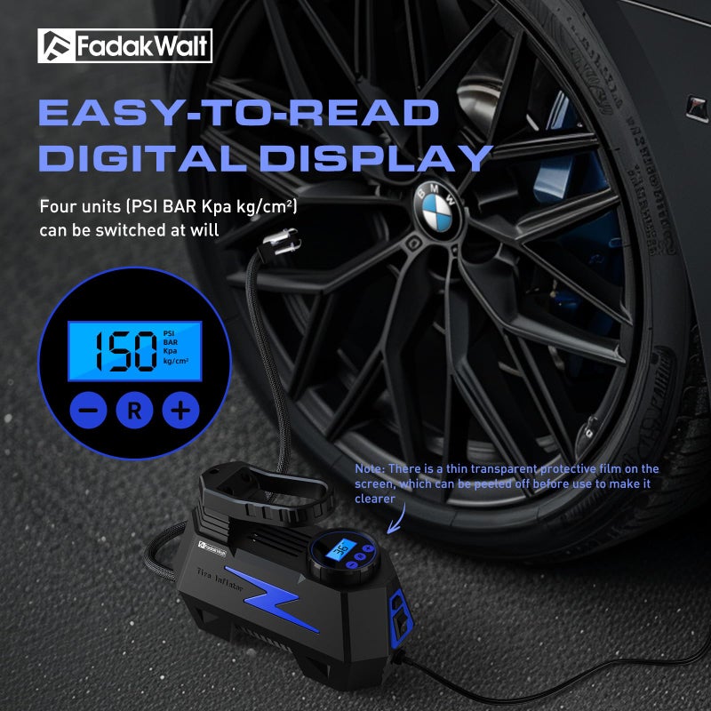 FADAKWALT Tire Inflator Portable Air Compressor, DC 12V Tire Air Pump with LED and 150PSI Digital Pressure Gauge, Portable Tire Inflator for Car Tires, Motorcycles, Bike, Ball (Blue) - Image 5