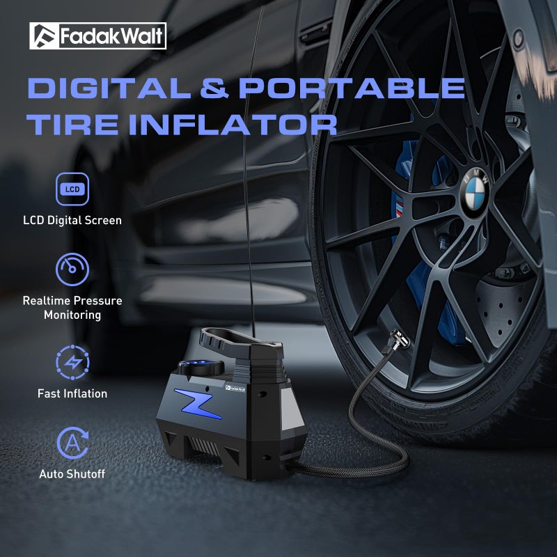FADAKWALT Tire Inflator Portable Air Compressor, DC 12V Tire Air Pump with LED and 150PSI Digital Pressure Gauge, Portable Tire Inflator for Car Tires, Motorcycles, Bike, Ball (Blue) - Image 2