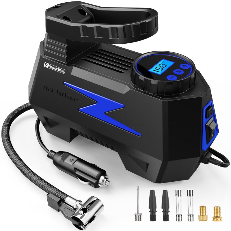 FADAKWALT Tire Inflator Portable Air Compressor, DC 12V Tire Air Pump with LED and 150PSI Digital Pressure Gauge, Portable Tire Inflator for Car Tires, Motorcycles, Bike, Ball (Blue) - Image 1