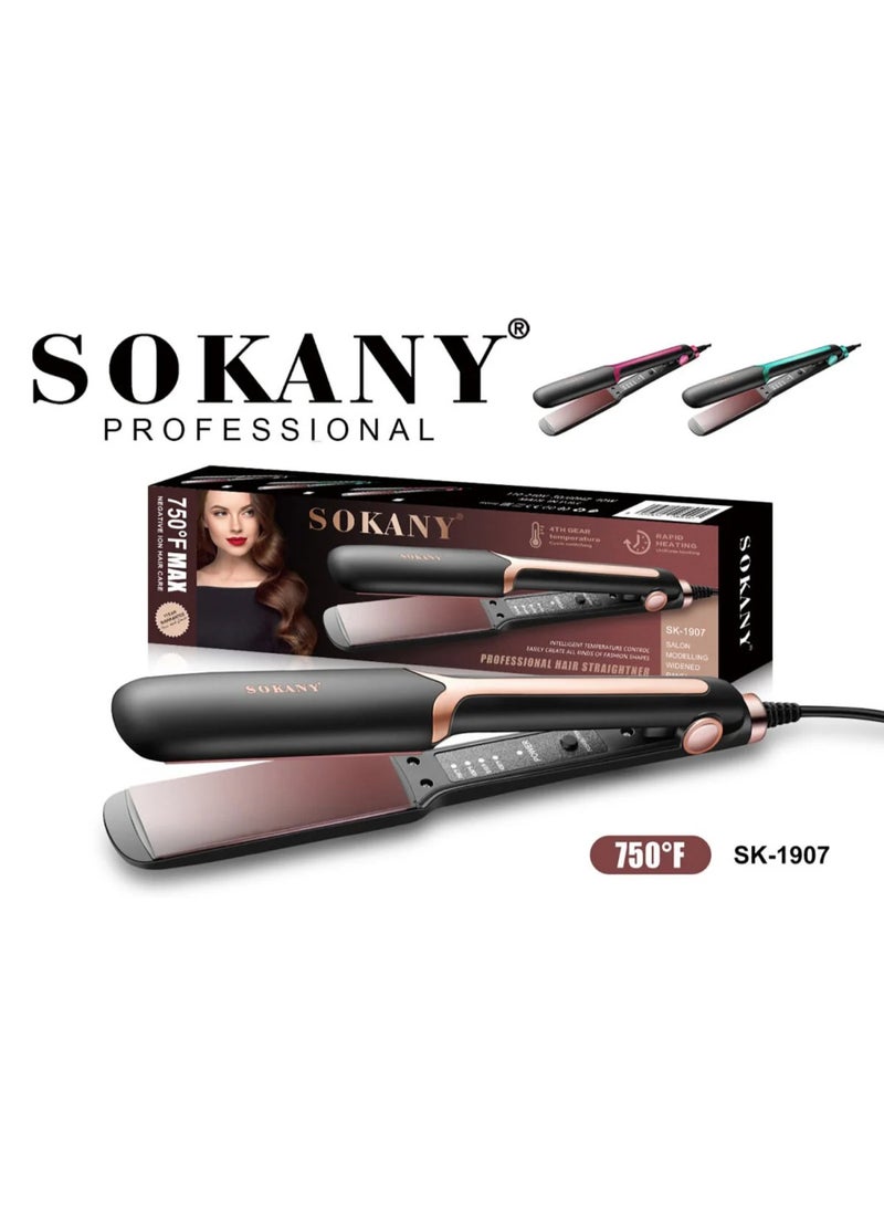 sokany SK-1907 Professional Hair Straightener Flat Iron SK-1907, Ceramic Nano Silver Plates up to 750°F, Fast Heating Wet & Dry Hair Styler, Smooth Frizz-Free Finish, 43W, 220–240V 50/60Hz for All Hair Types, Salon & Home Use - Image 2