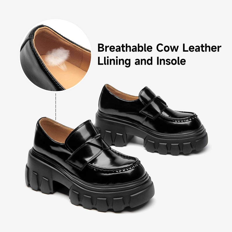 BEAU TODAY Platform Leather Loafers for Women, Chunky Lug Sole Loafers Women, Comfortable Slip-on Business Casual Non-Slip Round Toe Office Ladies Dress Shoes Black US 7 - Image 4