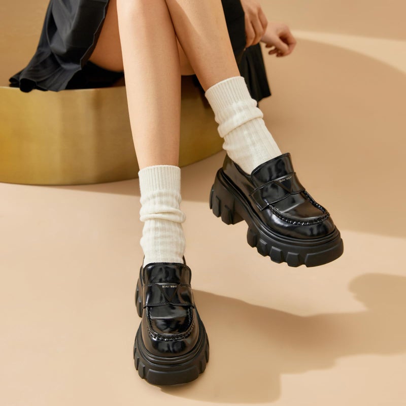 BEAU TODAY Platform Leather Loafers for Women, Chunky Lug Sole Loafers Women, Comfortable Slip-on Business Casual Non-Slip Round Toe Office Ladies Dress Shoes Black US 7 - Image 2