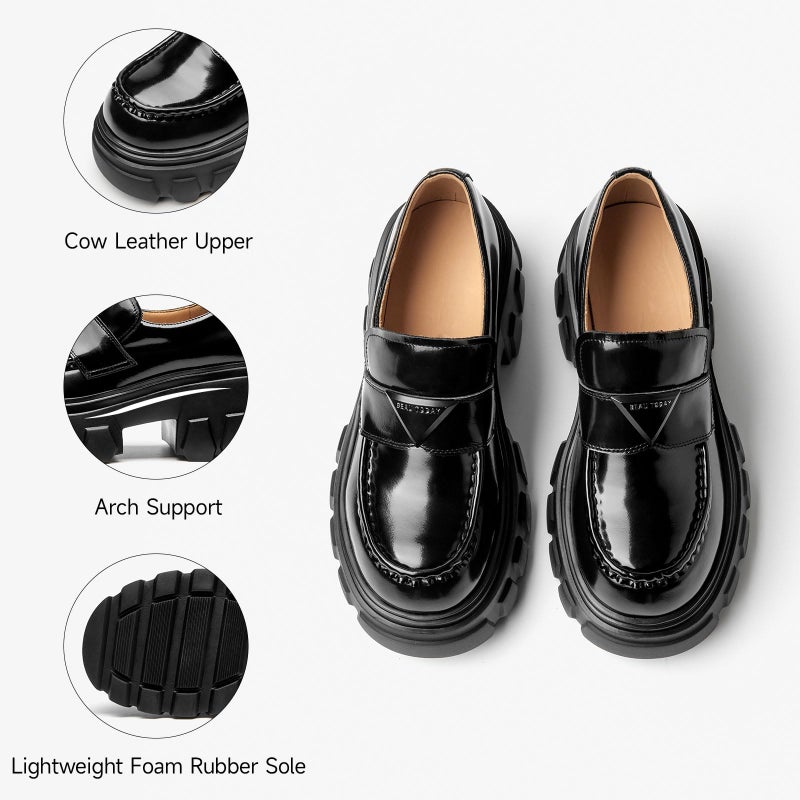 BEAU TODAY Platform Leather Loafers for Women, Chunky Lug Sole Loafers Women, Comfortable Slip-on Business Casual Non-Slip Round Toe Office Ladies Dress Shoes Black US 7 - Image 5