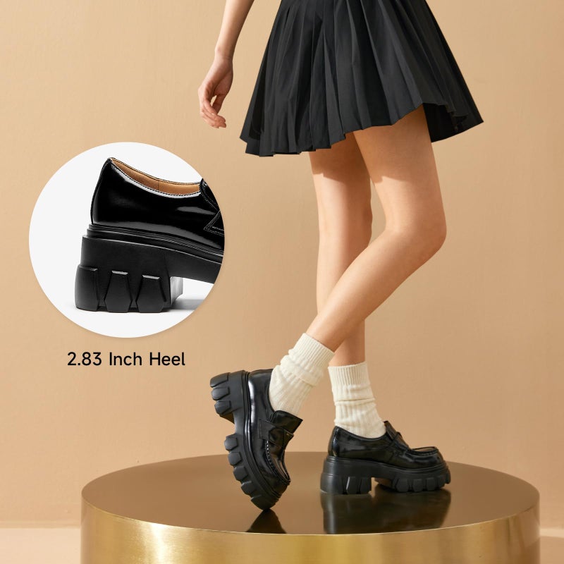 BEAU TODAY Platform Leather Loafers for Women, Chunky Lug Sole Loafers Women, Comfortable Slip-on Business Casual Non-Slip Round Toe Office Ladies Dress Shoes Black US 7 - Image 3
