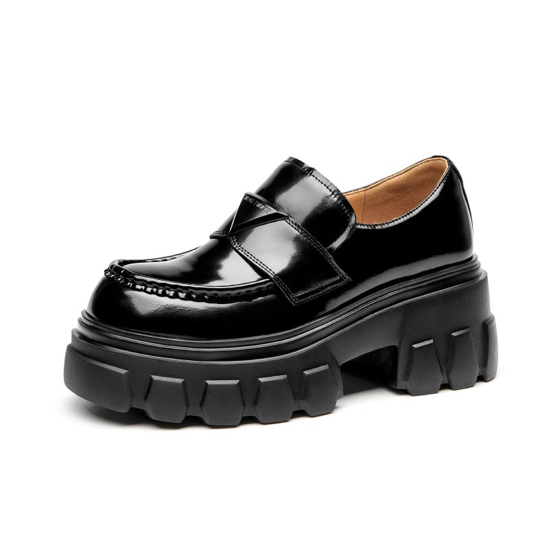 BEAU TODAY Platform Leather Loafers for Women, Chunky Lug Sole Loafers Women, Comfortable Slip-on Business Casual Non-Slip Round Toe Office Ladies Dress Shoes Black US 7 - Image 1