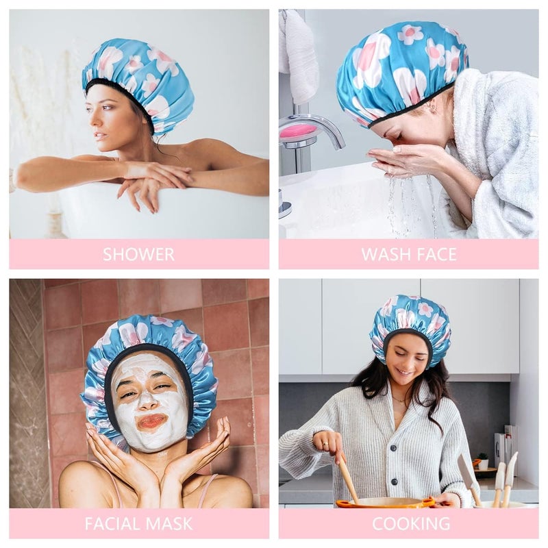 Aquior Shower Cap,Extra Large Triple Layer Bathing Cap with Dry Hair Function for Women Microfiber Terry Cloth Silky Satin 100% Waterproof Reusable Long Hair Bath Caps (Light Blue flora) - Image 4