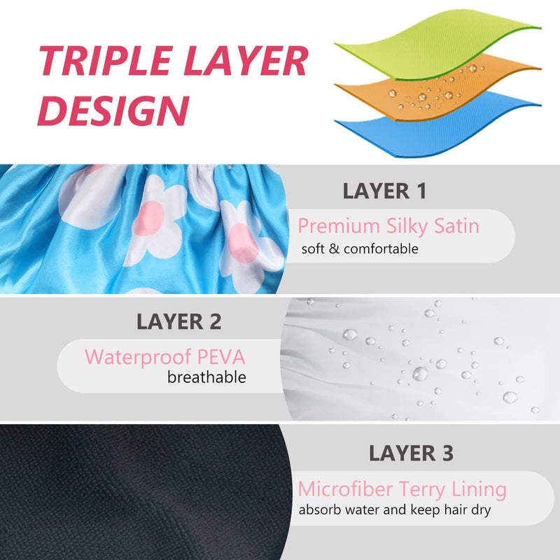 Aquior Shower Cap,Extra Large Triple Layer Bathing Cap with Dry Hair Function for Women Microfiber Terry Cloth Silky Satin 100% Waterproof Reusable Long Hair Bath Caps (Light Blue flora) - Image 3