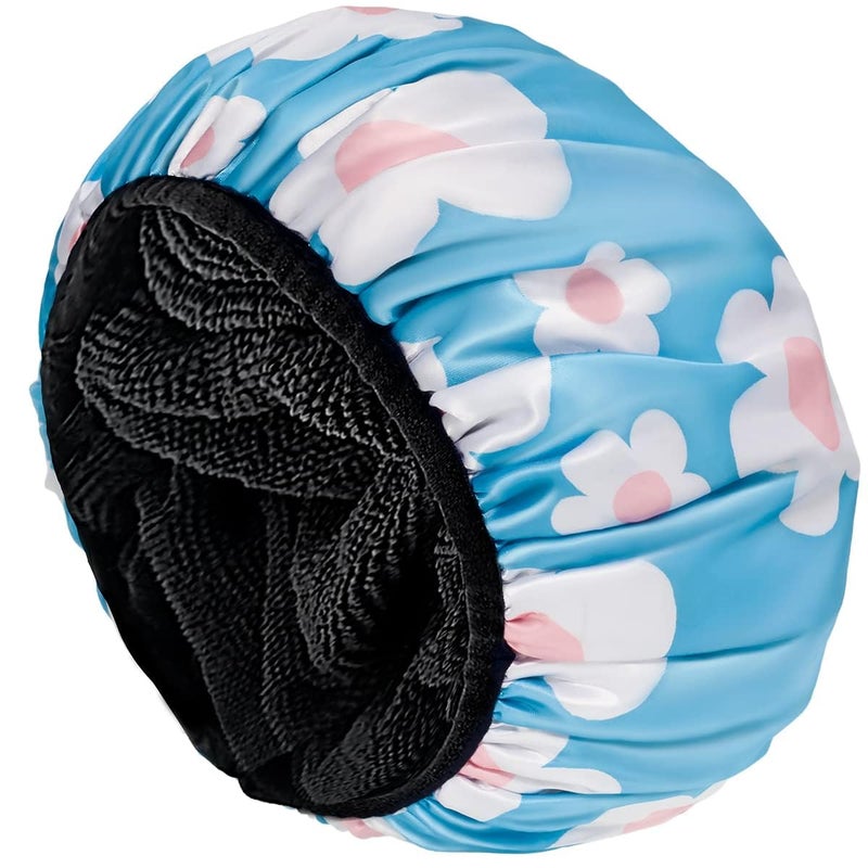 Aquior Shower Cap,Extra Large Triple Layer Bathing Cap with Dry Hair Function for Women Microfiber Terry Cloth Silky Satin 100% Waterproof Reusable Long Hair Bath Caps (Light Blue flora) - Image 1