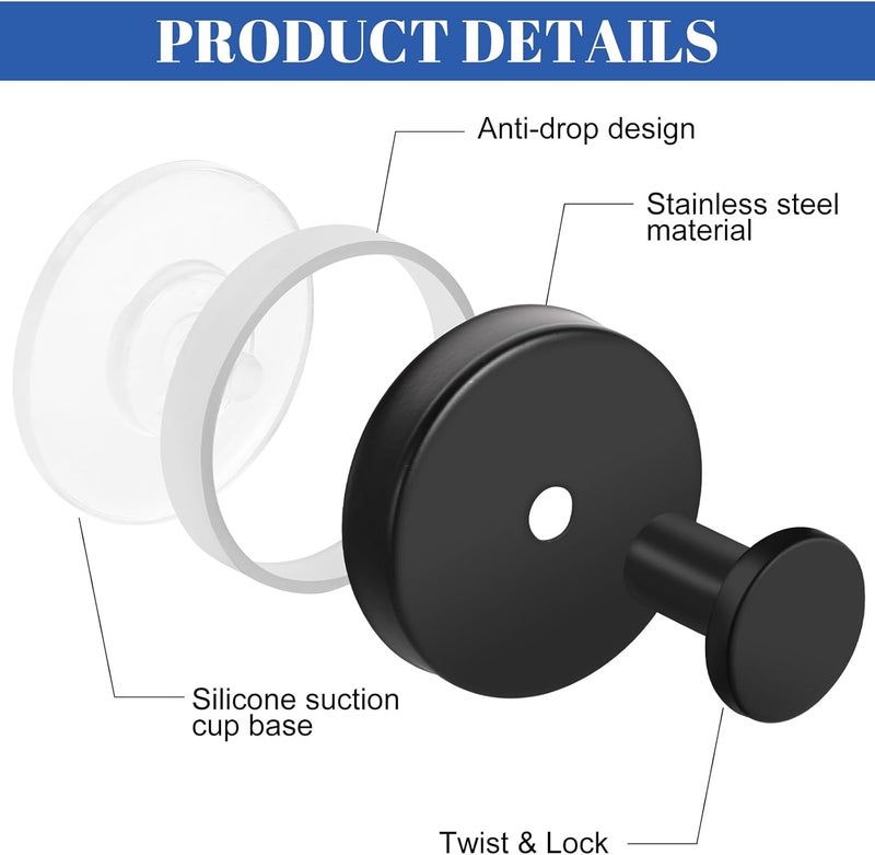 Dntorx Vacuum Suction Cup Hooks, 4 Pack Stainless Steel Suction Hook for Shower Bathroom Towel Hooks Shower Hooks Holders Hanging Towels, Loofah, Robe, Coat(Black) - Image 2