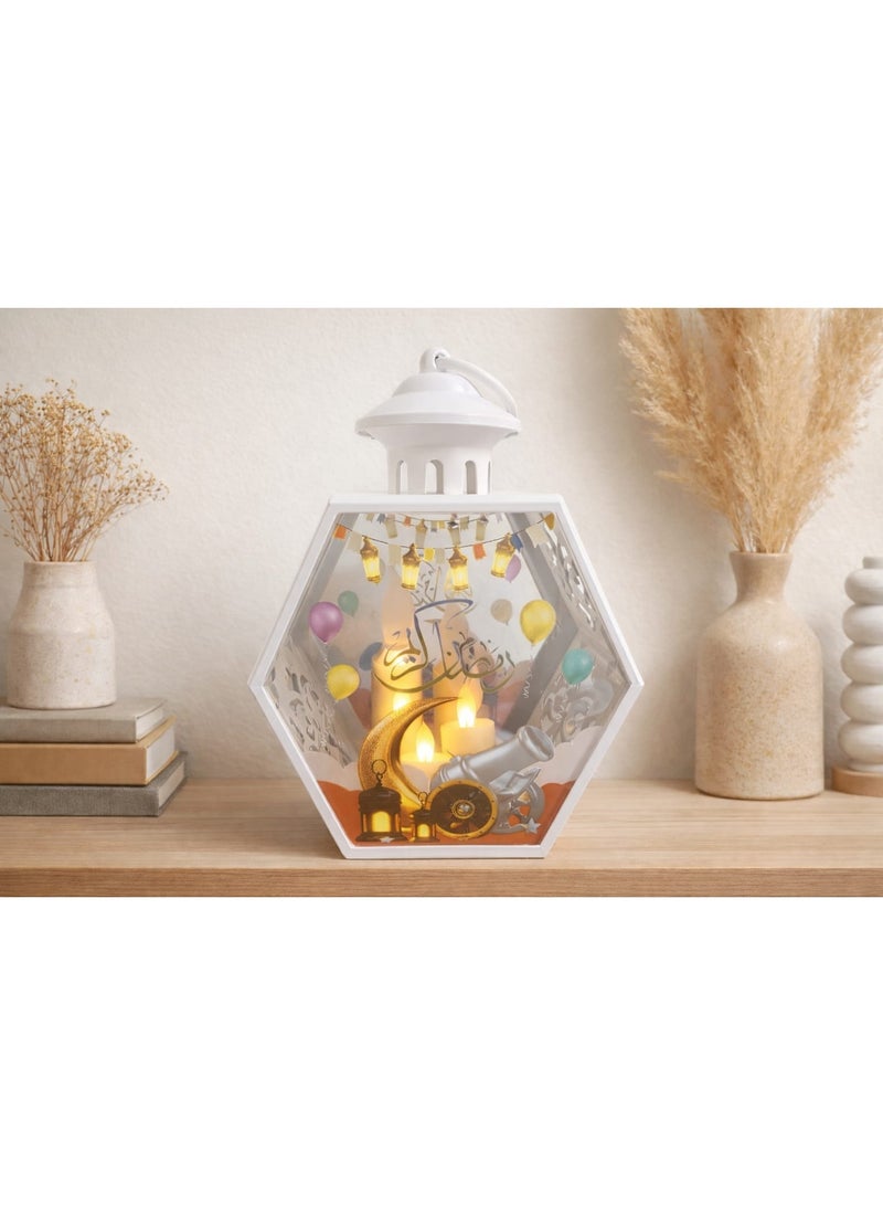White Acrylic Hexagon Ramadan Lantern With 3 Led Candles – Usb & Battery Operated – Home Decor & Ramadan Decor – Size 21×13×8 Cm – Model K06-169