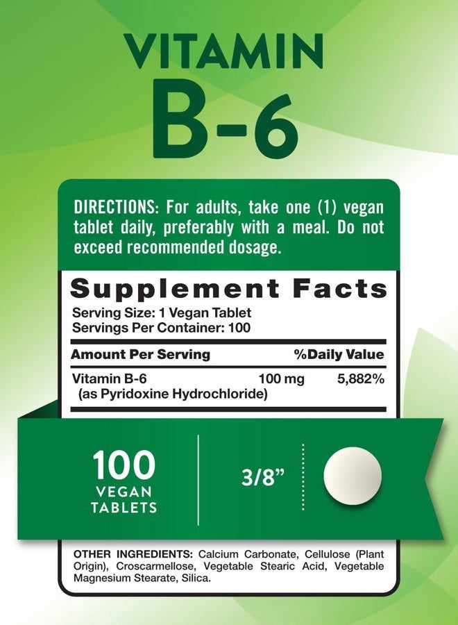 USAGA Vitamin B6 | 100mg | 100 Tablets | Pyridoxine Hydrochloride | Vegan, Non-GMO & Gluten Free Supplement - Image 2