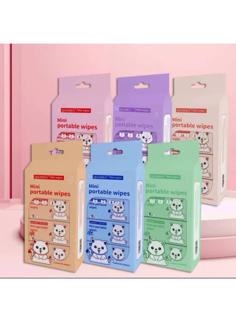 مناديل مبللة بحجم الجيب، خالية من الكحول، مناسبة للبشرة الحساسة، 8 مناديل في العبوة، مناسبة للأطفال والكبار، مثالية للحقيبة والسفر، طقم عبوتين - Image 1