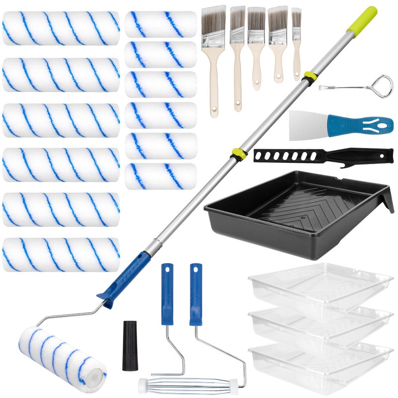 ROTESONNE 28 PCS Paint Roller Kit with Extension Pole, 4" 9" Paint Roller with Tray, Paint Brushes Set for Professional Painting, House Wall Ceiling Painting Supplies for All Latex and Oil Paints & Stains - Image 1