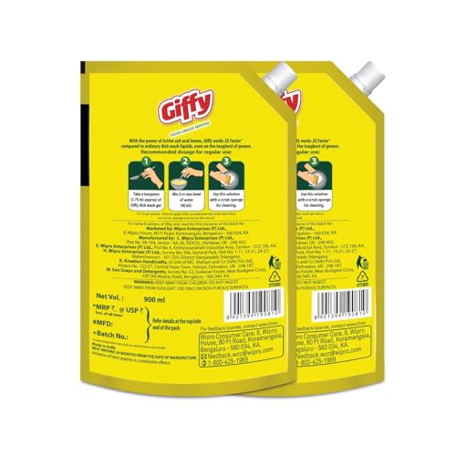 Giffy Liquid Dishwash Gel 900ml (Pack of 2) | Lemon and Active Salt | 50% More Effective | Tough Grease Removal Expert | Turbo Boosters | Mild fragrance | Removes Tough Malodour | Hand-Safe - Image 3
