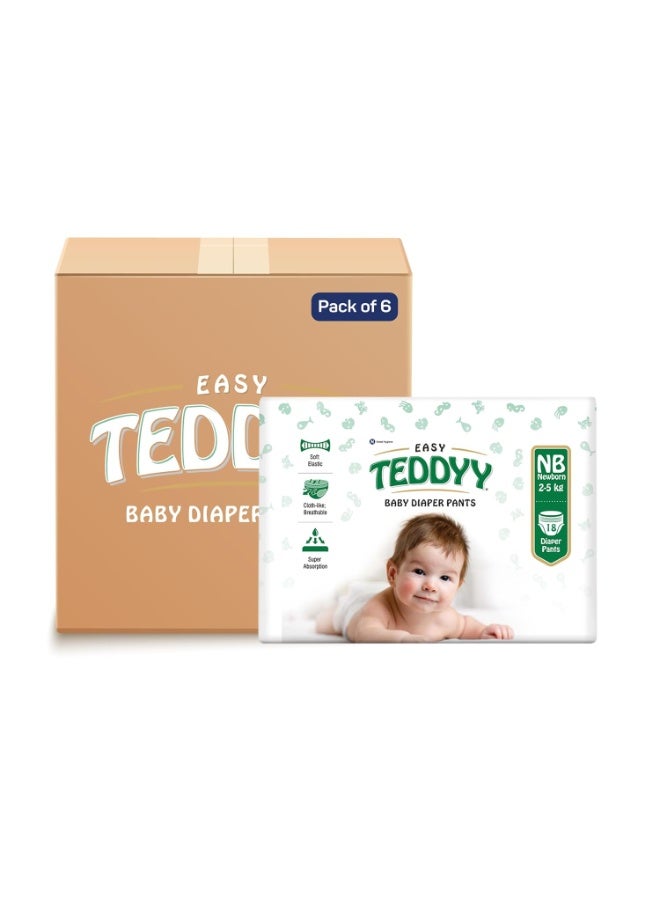 TEDDYY Easy Baby NB Size Diaper Pant Style | 18 Count (New Born) | Upto 5 kgs (Pack of 6) | Long Protection Hours | Anti-Bacterial | Airy Breathable Fit | Rapid Soaker Channels with Wetness Indicator - Image 1