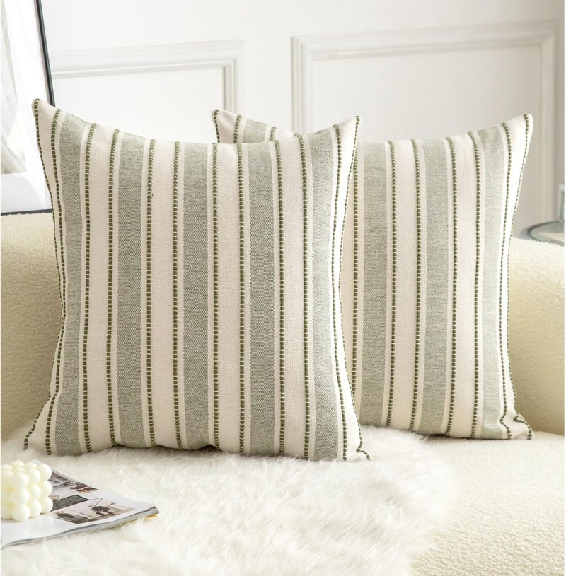 Cethom Decorative Boho Throw Pillow Covers, Farmhouse Textured Pillow Case, 22 x 22 Inch Set of 2, Chair Sofa Bedroom Living Room Decor Couch Cushion Case, Olive Green and Beige Striped - Image 1