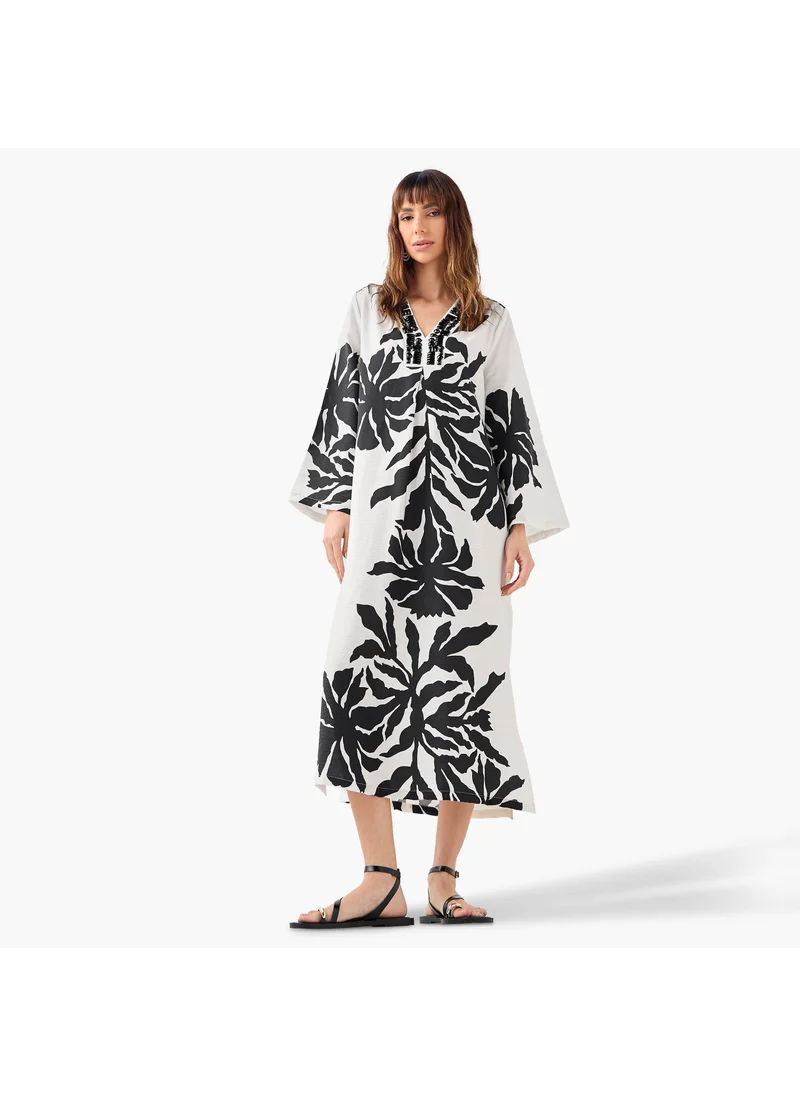 ايكونيك Iconic Embellished V-neck Dress with Slits and Long Sleeves