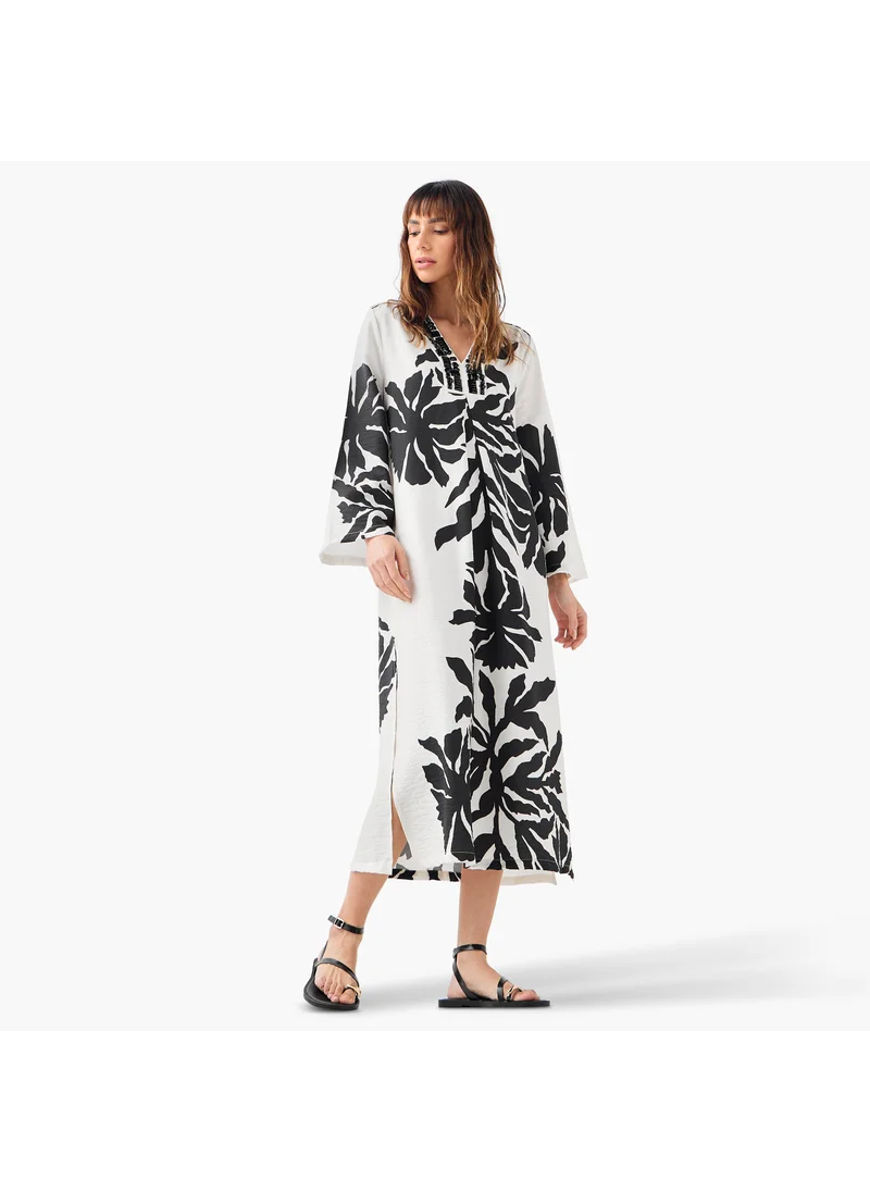 ايكونيك Iconic Embellished V-neck Dress with Slits and Long Sleeves