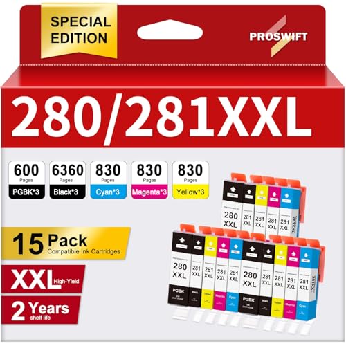 PROSWIFT 15 Pack 280 281 XXL Ink Cartridges Replacement for Canon PGI-280 281 Cartridge for Pixma TR8620a TR8620 TR8520 TR8600 TR7520 TS702a TS9520 TS9521C TS6120 TS6220 TS9120 TS6320 TS8220 (15Pack-6BK3C3M3Y) - Image 1