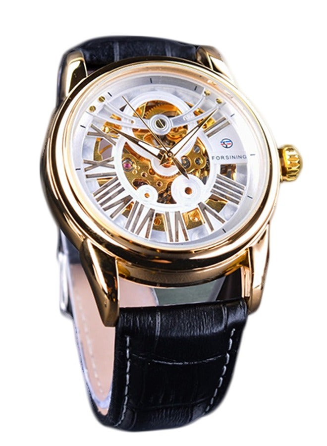 FORSINING Forsining Men's Automatic Mechanical Watch - Gold-Tone Case with White Skeleton Dial & Black Strap, Self-Winding Movement, Modern Mechanical Design for Business & Casual Wear  - Image 1