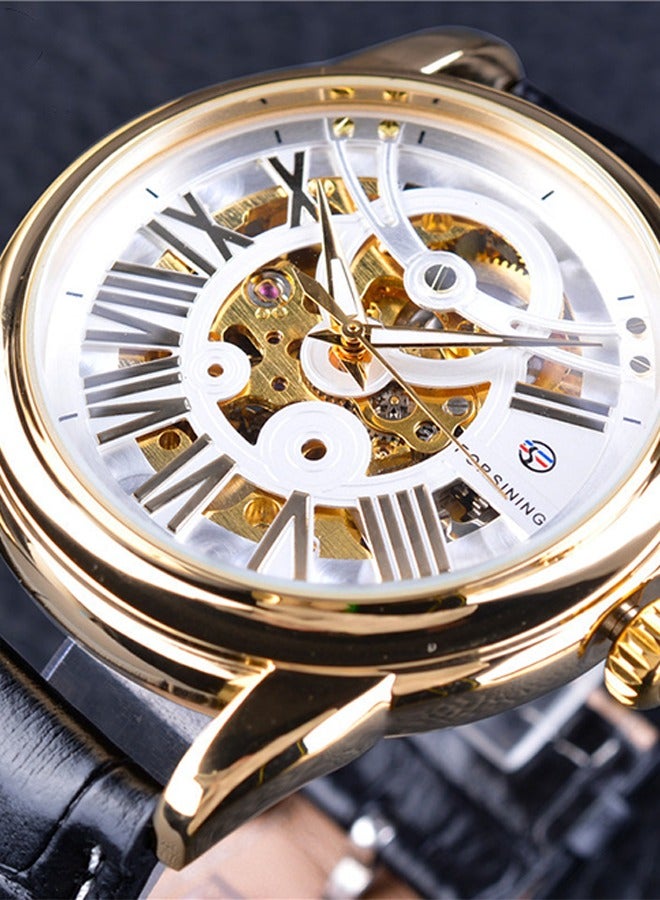 FORSINING Forsining Men's Automatic Mechanical Watch - Gold-Tone Case with White Skeleton Dial & Black Strap, Self-Winding Movement, Modern Mechanical Design for Business & Casual Wear  - Image 2