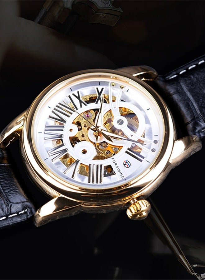 FORSINING Forsining Men's Automatic Mechanical Watch - Gold-Tone Case with White Skeleton Dial & Black Strap, Self-Winding Movement, Modern Mechanical Design for Business & Casual Wear  - Image 3