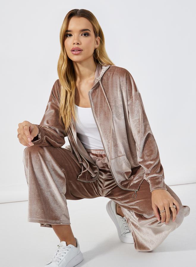 Styli Velvet Look Zip Through Hoodie &  Wide Leg Pant Co-Ords Set  - Image 1