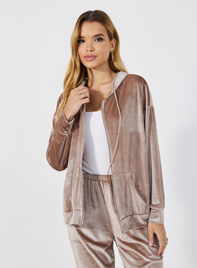 Styli Velvet Look Zip Through Hoodie &  Wide Leg Pant Co-Ords Set  - Image 2