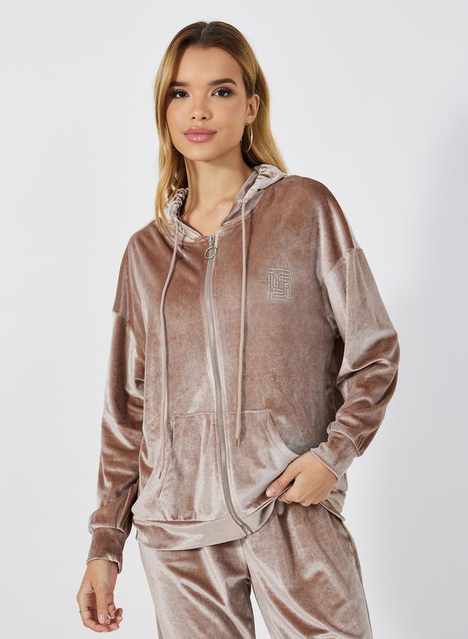 Styli Velvet Look Zip Through Hoodie &  Wide Leg Pant Co-Ords Set  - Image 4