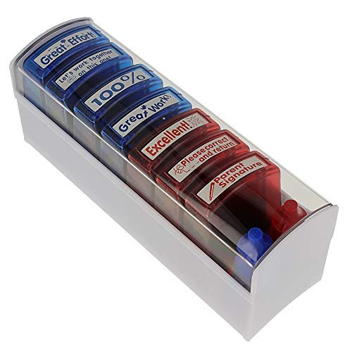 ExcelMark Teacher Stamp Set Motivation School Classroom Homework Grading Refill Ink Included 7 Stamps Plus Red and Blue Ink Bottle Storage Tray Included
