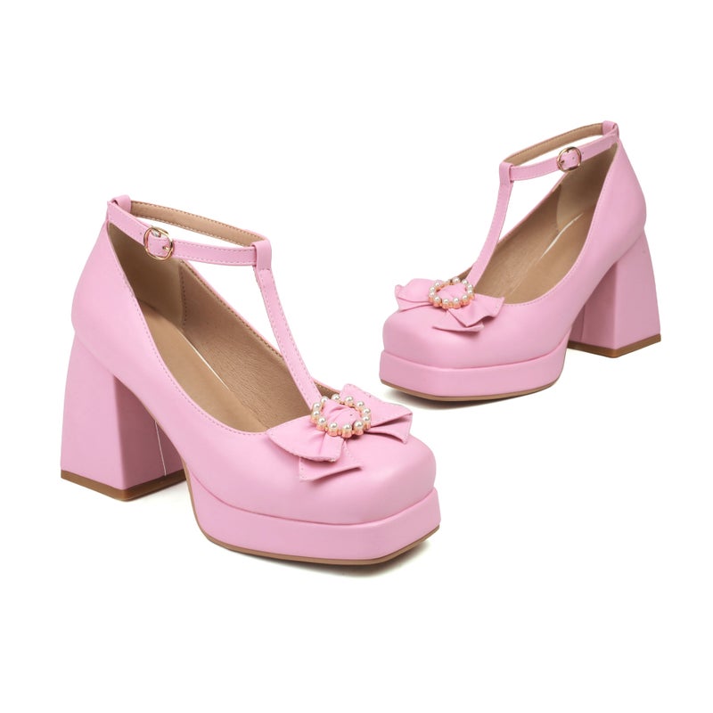 2024 Spring Fashion Square Bow 40-48 Super Plus Size Thick-Soled High-Heeled Shoes - Image 1