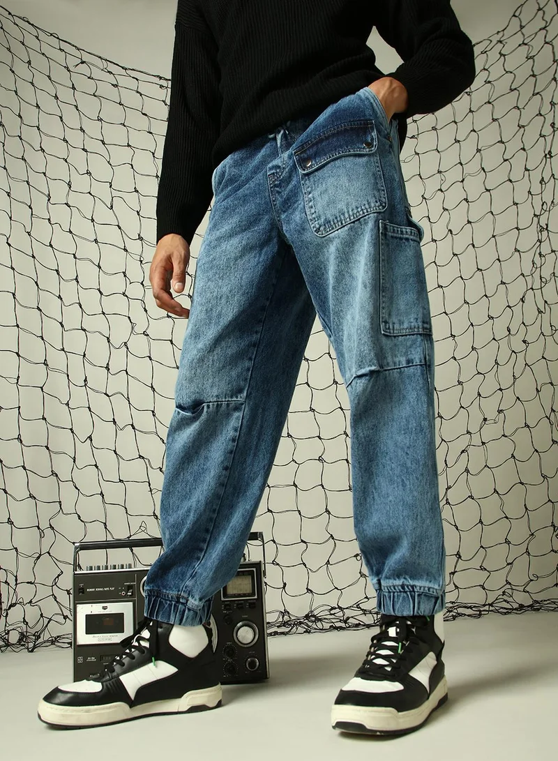 هوبرهولمي Men's Indigo 100% Cotton Distressed Full Length Loose Fit Jeans